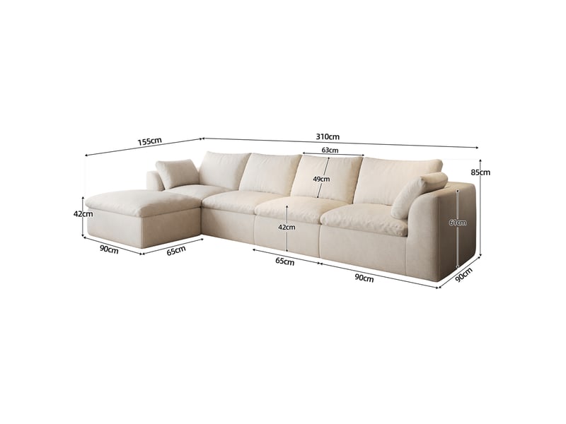  Canapé d'angle gauche 5 places 310 x 155 cm beige blanc en tissu de lin, mousse haute élasticité  - Conforama C