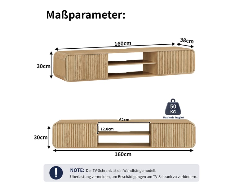  Meuble tv mural modenvie 160 x 38 x 30 cm avec rangement ouvert et passage de câbles naturel  - Conforama C