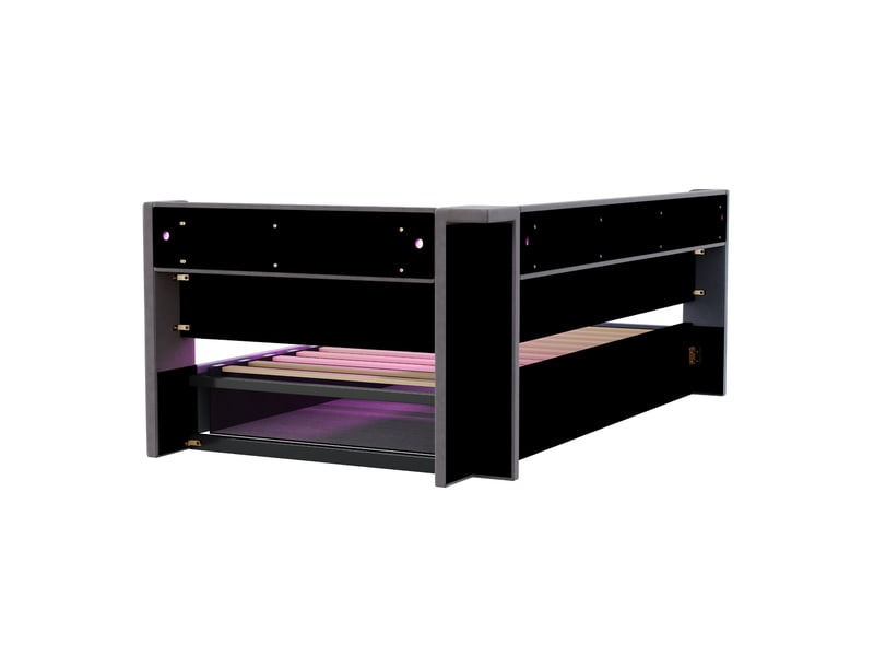  Lit canapé velours gris foncé 90x200 cm avec rangement hydraulique, led, usb et étagère  - Conforama E