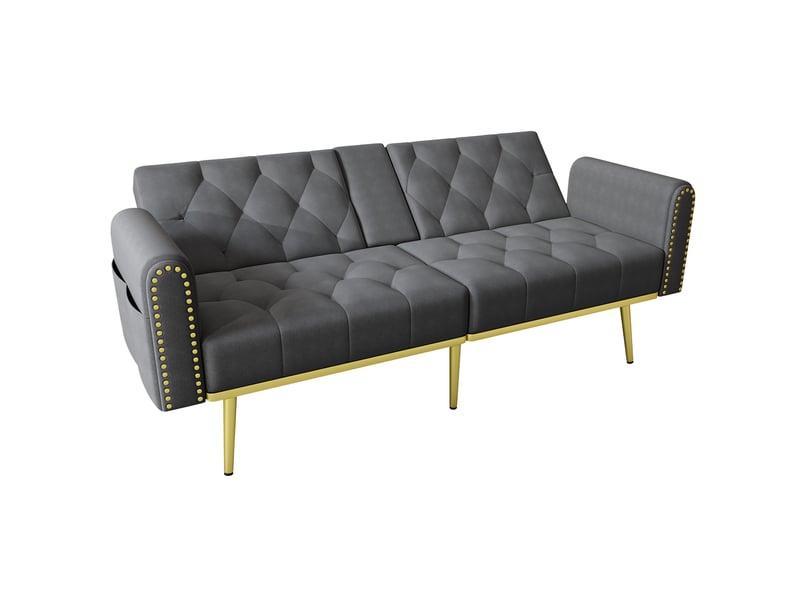  Canapé-lit 2 places 175x80x73,5 cm, accoudoirs et porte-gobelets, dossier réglable, finition velours gris  - Conforama A