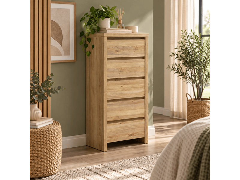  Chiffonnier 5 tiroirs meuble de rangement coloris chêne mauvella - longueur 56 x profondeur 40,5 x hauteur 112,5 cm  - Conforama E
