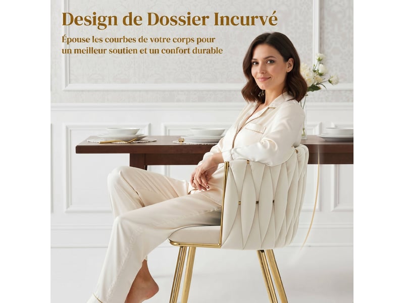  Lot de 2 chaises de salle à manger, chaises de cuisine rembourrées en velours avec dossier tressé et accoudoirs, crème  - Conforama E