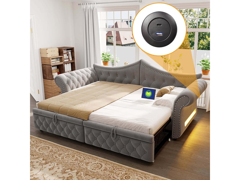Canapé-lit rembourré 90 x 200 cm – avec port de charge usb – avec éclairage led – avec lit gigogne – gris (matelas non inclus) - Conforama E