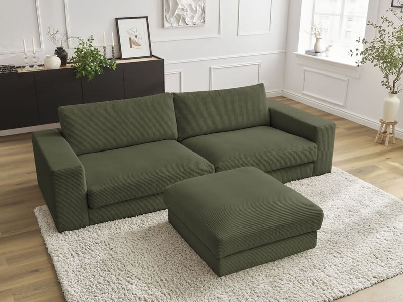  Bobochic canapé droit fixe 3 places leonard velours côtelé avec pouf vert clair LEONARD - Conforama D
