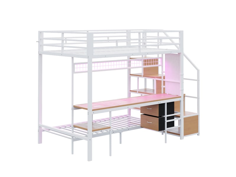  Lit superposé 140x200 cm avec lit 90x200 cm - bureau led, prises, rangements et tiroirs en tissu, blanc  - Conforama R