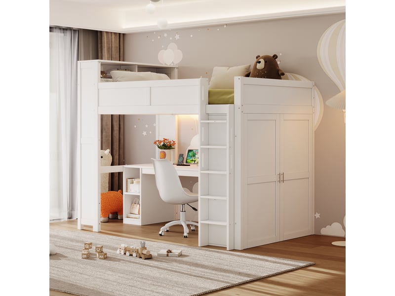 Lit mezzanine 90x200 cm blanc, avec bureau intégré, rangements, placard 3 compartiments, led, étagères, sommier inclus, sans matelas - Conforama R