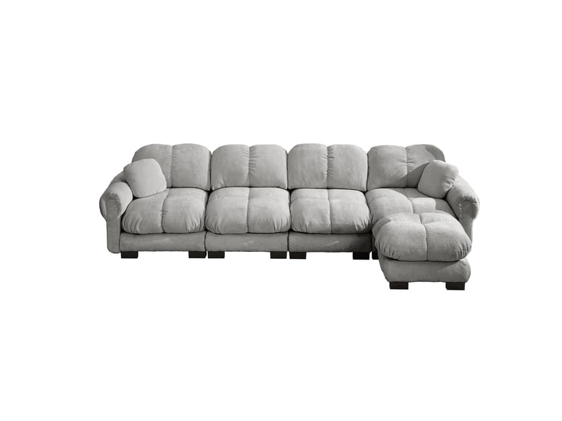 Canapé d'angle modulable 4 places en tissu chenille gris clair avec ottomane mobile et rangement intégré - Conforama A