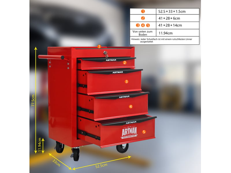 Armoire à outils mobile 60 x 33 x 77,5 cm rouge et noir, acier, 4 tiroirs à glissières à billes - Conforama C