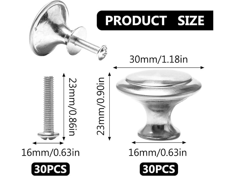  Lot de 30 boutons ronds en acier inoxydable argenté, poignées ovales pour armoires, portes et cuisine avec 30 vis  - Conforama B