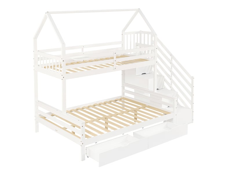  Lit superposé enfant 90x200 et 140x200 cm – blanc – escalier rangement, 2 tiroirs sur roulettes – sans matelas  - Conforama D