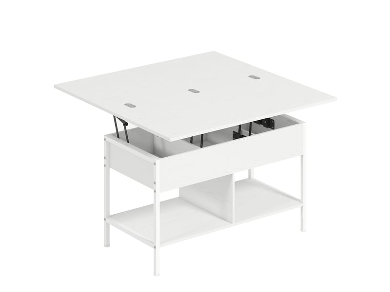  Table basse relevable et extensible, 98x49x55cm, table de salon avec compartiment caché étagères ouvertes, blanc  - Conforama B