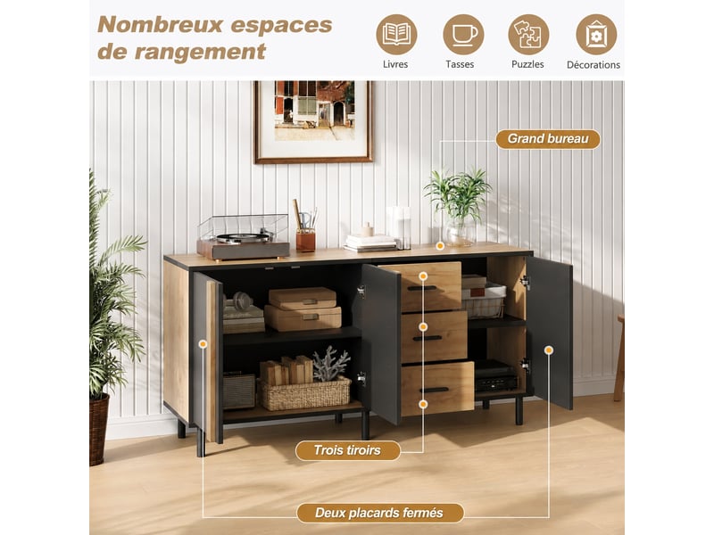  Buffet 3 portes 3 tiroirs en mdf, 140 x 35 x 70 cm, 6 pieds métal, noir et effet bois  - Conforama E