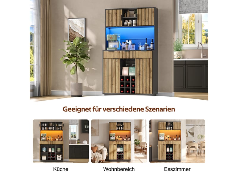  Armoire de cuisine 105x40x180cm, buffet avec led et prises, 3 tiroirs, casier à bouteilles et porte-verres, noir et naturel evarich - Conforama D