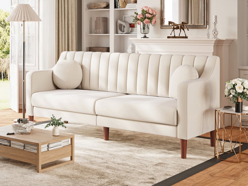 Grand canapé 3 places en velours avec 2 oreillers,pieds bois massif,canapé scandinave moderne pour salon bureau, 206x74x83cm, beige 206x74x83cm - Conforama B