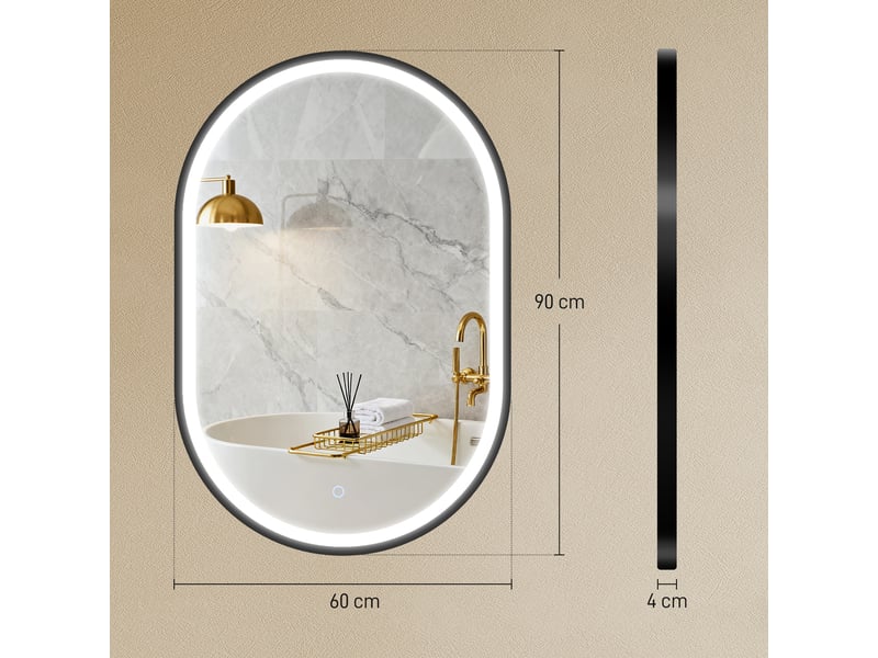 Miroir de salle de bain ovale mural 60 x 90 cm avec éclairage intégré, 3 couleurs de lumière, luminosité réglable, fonction antibuée, noir  - Conforama E