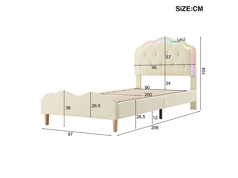  Lit rembourré 90x200cm similicuir beige tête de lit ondulée éclairage led multicolore - lit simple - capitonné sommier à lattes bois  - Conforama C