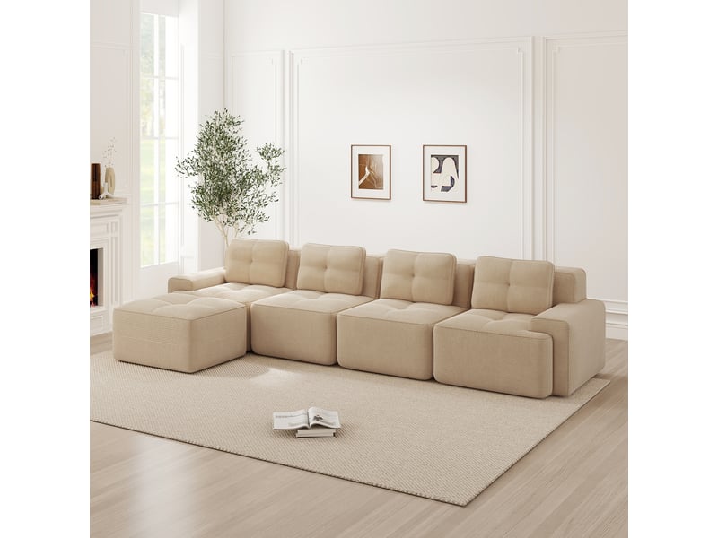 Canapé d'angle, canapé modulable, base antidérapante, sans cadre, sans montage, avec méridienne, en velours tricoté, 4 places, style cloud, beige - Conforama A