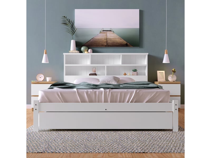  Lit 140x200 cm bois massif blanc – rangements tiroirs, tête de lit bibliothèque et sommier inclus  - Conforama B