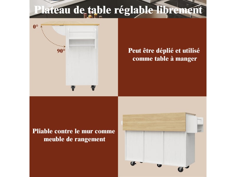  Îlot de cuisine multifonctionnel 110x46x90,5 cm avec plateau pliant et rangements extensibles, mdf et métal, blanc  - Conforama D