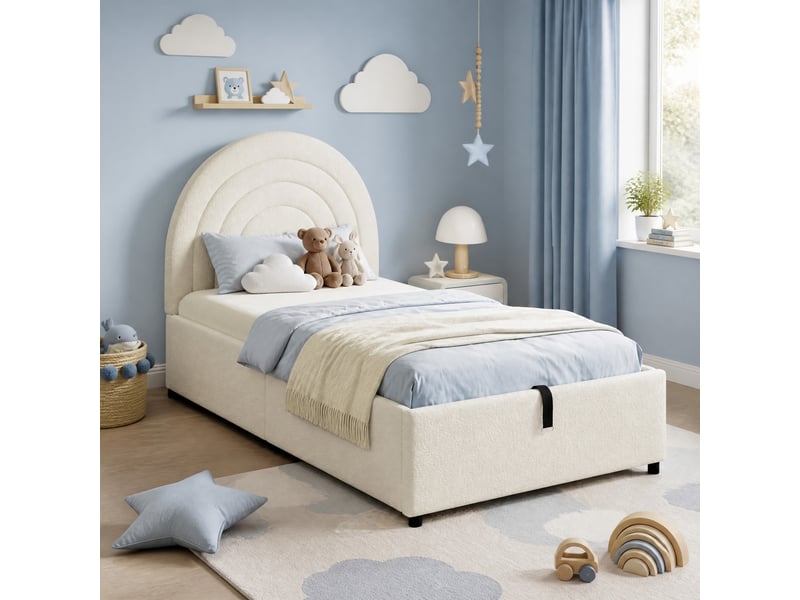  Lit coffre simple 200×90 cm avec rangement hydraulique et tête de lit rembourrée, sans matelas, en bouclé beige  - Conforama B