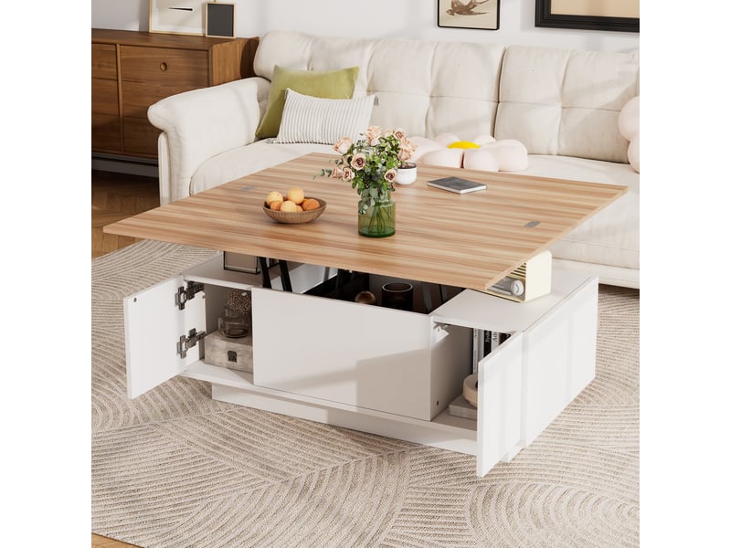  Table basse relevable avec rangement caché, double plateau, blanc et bois, charge 50 kg, 100x50 cm  - Conforama R
