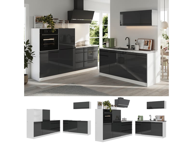  Vicco cuisine, anthracite haute brillanceblanc, 220cm plan de travail chêne doré  - Conforama D