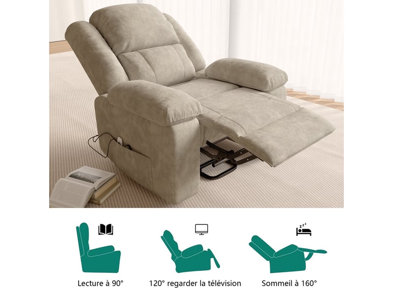  Fauteuil relax électrique - 93x83x106cm - massage 8 points, chauffage lombaire &amp; aide au relevage - tissu suédine - beige  - Conforama D