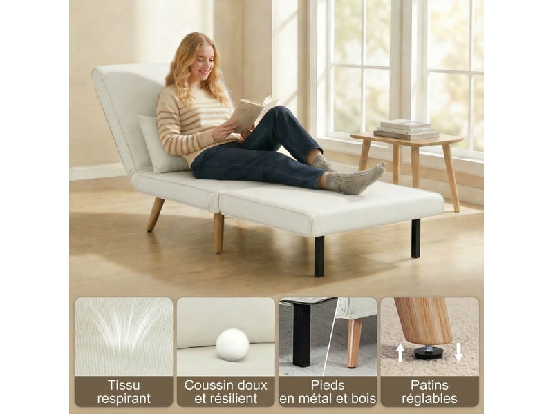 Fauteuil chauffeuse convertible 3 en 1 lit fauteuil lit 1 place dossier 5 positions en tissu avec coussin, crème - Conforama R