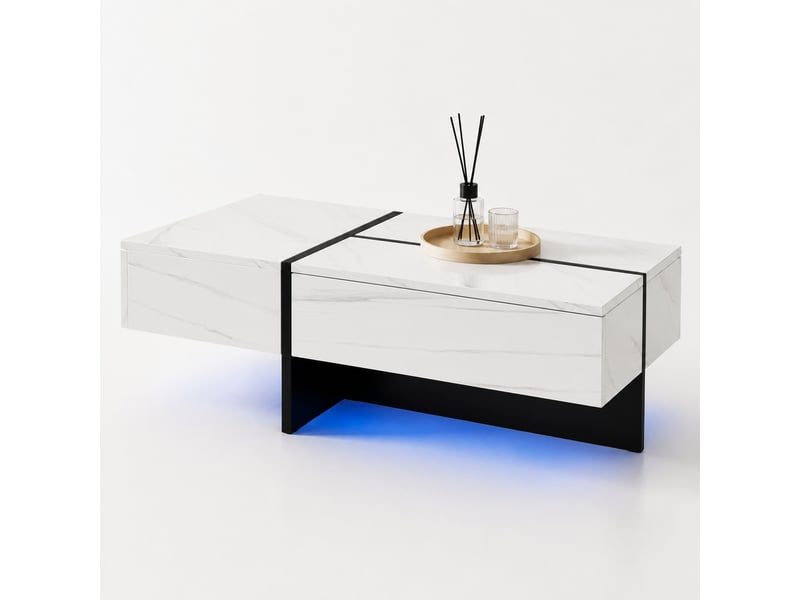 Table basse 100x50x34,5 cm avec 3 tiroirs et led, effet marbre blanc et noir - Conforama A