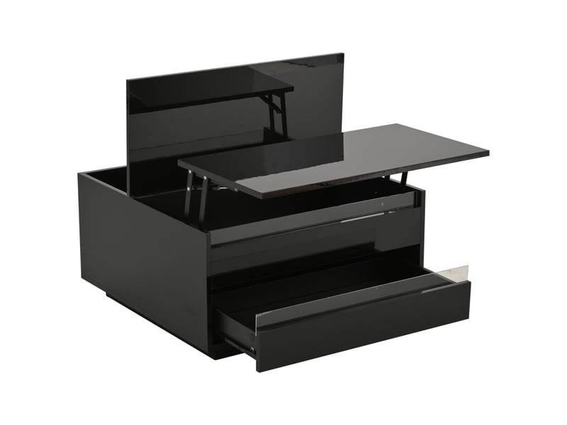 Table basse de salon 70 x 70 x 38 cm, table basse relevable avec bande lumineuse led, table d'appoint avec 1 tiroir, finition brillante, rangement dissimulé et portes rabattables, noire  - Conforama D