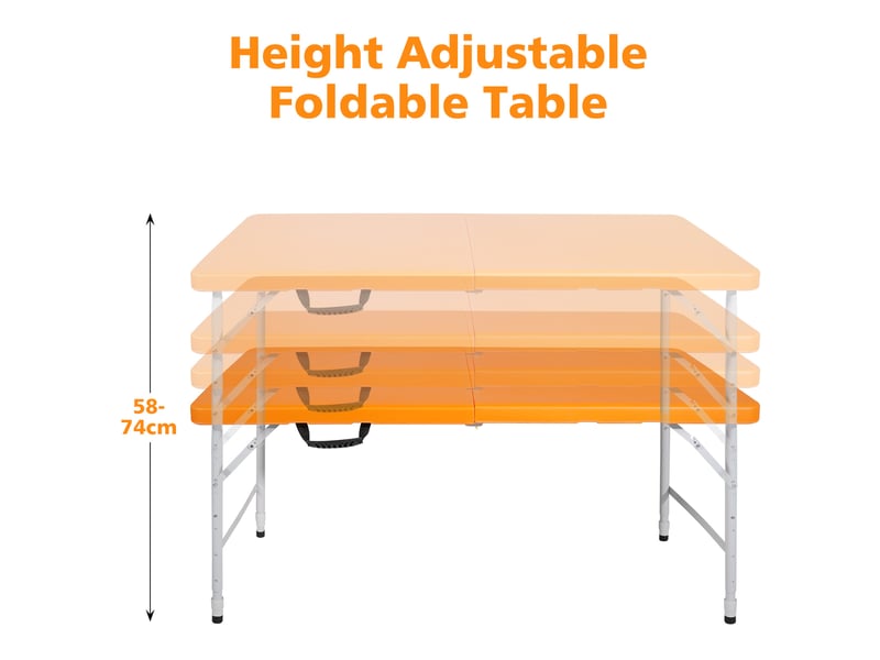 Table pliante portable orange 125 cm à hauteur réglable, avec poignée, pour camping, repas et réceptions - Conforama D