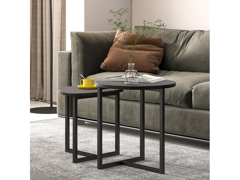  Lot de 2 tables basses gigognes rondes 45x48 et 42x40 cm, style industriel, structure métal, effet bois noir  - Conforama D