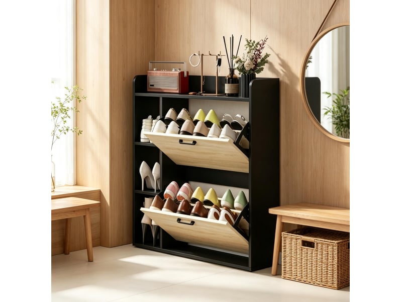  Meuble à chaussures tcqpz 83 x 24 x 90,5 cm 2 abattants 15 paires noir effet bois naturel  - Conforama B