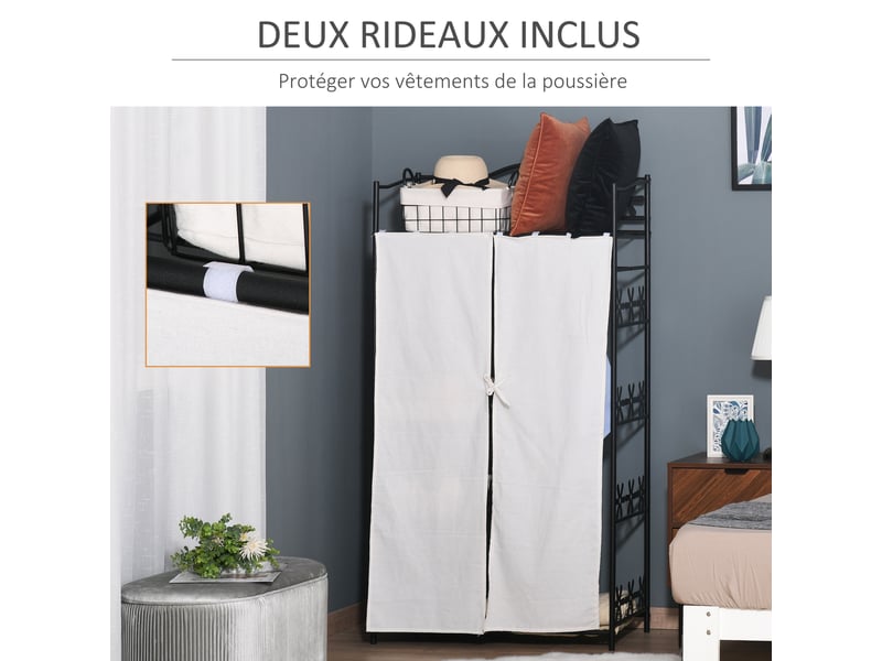  Armoire chambre adulte penderie vêtement dressing multi rangements 5 étagères 84l x 42l x 159h cm blanc métal noir 2 rideaux  - Conforama E