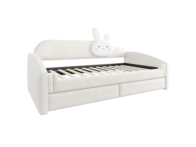  Lit enfant rembourré 90×200cm canapé lit lit capitonné en velours avec led dossier lapin 2 tiroirs, beige  - Conforama R