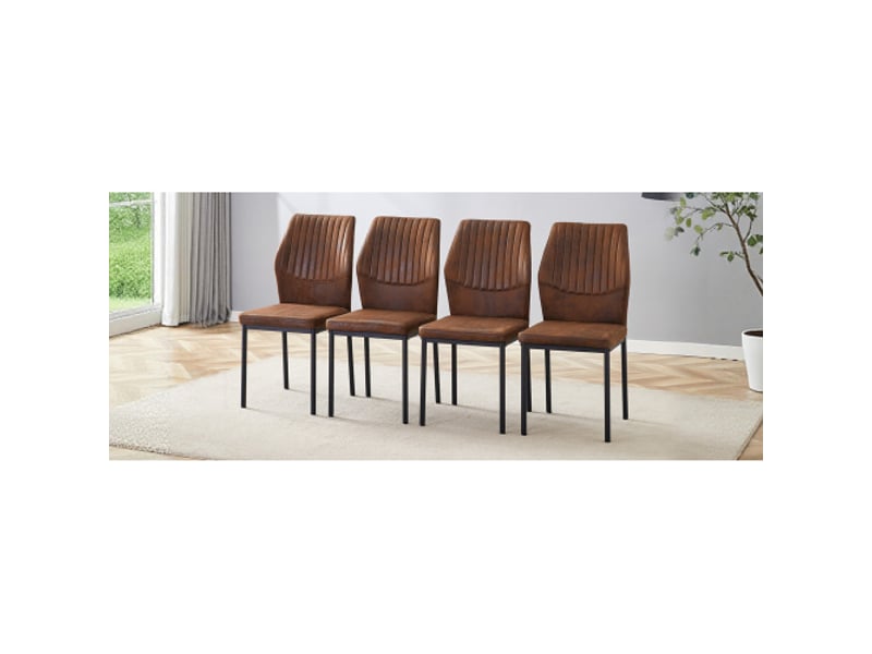  Lot de 4 chaises de salle à manger leicht-luxe, dossier brun en tissu technique à relief vertical, pieds noirs en métal  - Conforama B