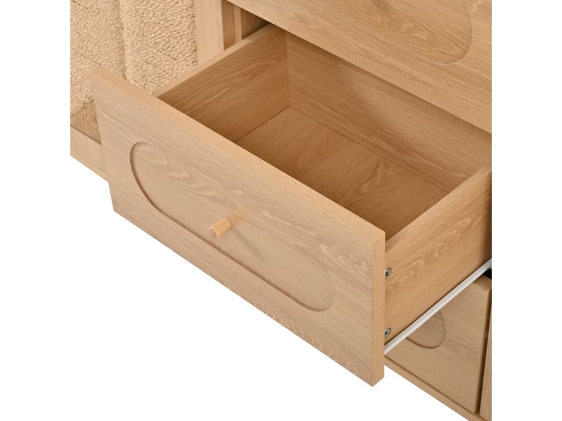 Buffet bas 140 cm naturel en mdf et panneaux de particules, 2 portes tressées, 3 tiroirs, pieds en pin massif - Conforama E