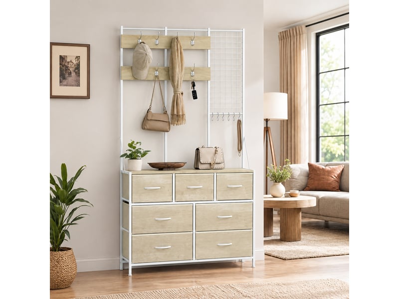  Meuble d'entrée 4 en 1 style industriel multi-rangement métal blanc effet bois clair  - Conforama B