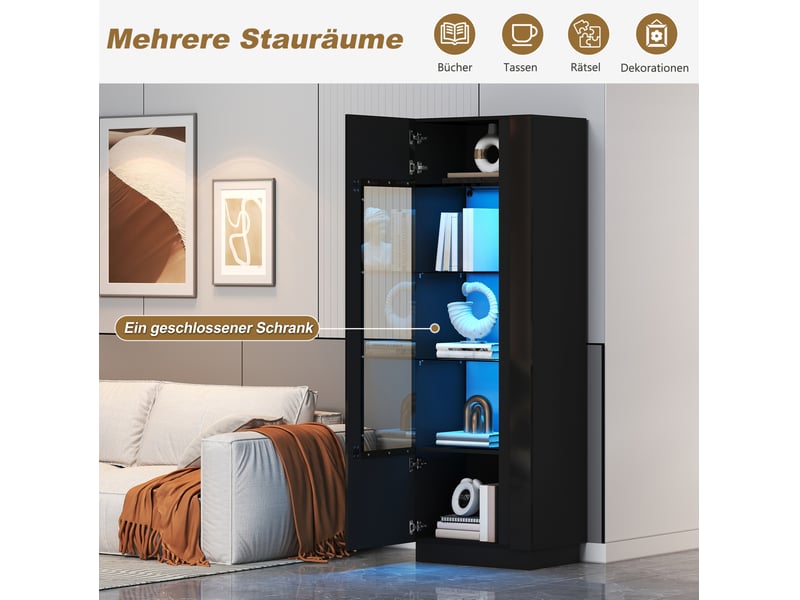  Vitrine haute 60 x 40 x 180 cm – noir – porte acrylique, led pilotée par application, 5 niveaux  - Conforama E