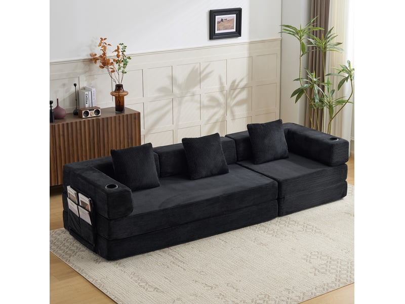 Canapé convertible 277.5x92.5x60 cm, 3 places, pliable, noir - Conforama B