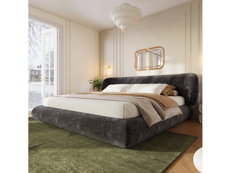  Lit rembourré 140 × 200 cm 2 places avec tête de lit arrondie, sans matelas, en chenille, gris  - Conforama C
