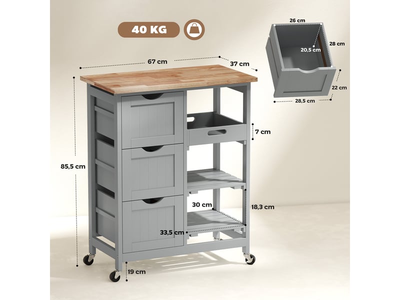  Chariot desserte de cuisine à roulettes plan de travail en bois 3 tiroirs et 1 plateau amovible 67 x 37 x 85,5 cm gris  - Conforama C