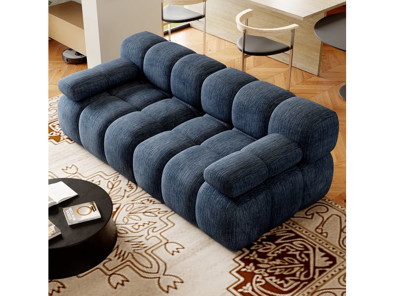  Canapé droit 2 places compressé 200x100x68 cm en mousse douce et tissu chenille couleur bleu, moderne  - Conforama D