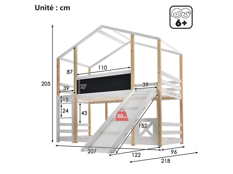 Lit superposé 90x200 cm – lit mezzanine enfant sécurisé avec barrières et sommier extensible – sans matelas – blanc - Conforama C