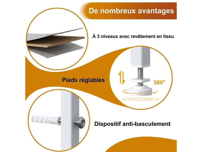  Chiffonnier meuble 100x30x76 cm huit tiroirs tissu blanc et metal blanc chambre  - Conforama C