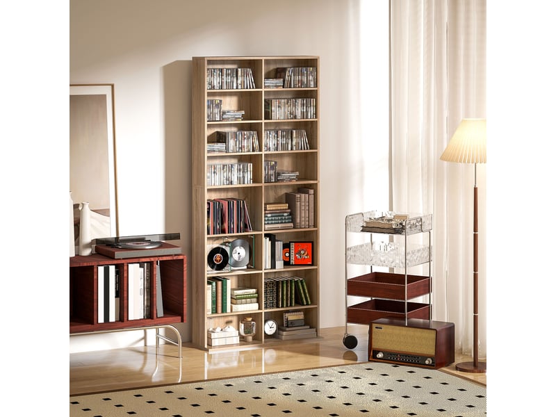  Meuble à dvd à 9 niveaux avec 18 compartiments et 14 étagères réglables, pouvant contenir 640 cd, 360 dvd ou 430 blu-ray, en bois naturel  - Conforama C