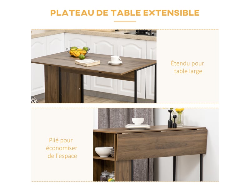  Ilot centra table de bar plateau latéral  rabattable et 3 étagères marron 120 x 76 x 91,4 cm  - Conforama A