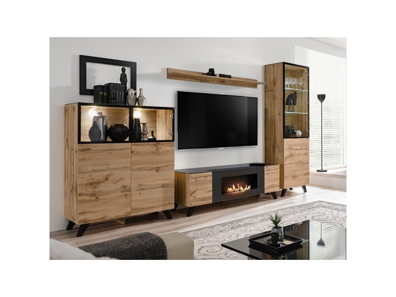 Meuble tv tino avec cheminée bio-éthanol – chêne wotan et noir – l150 cm  - Conforama D
