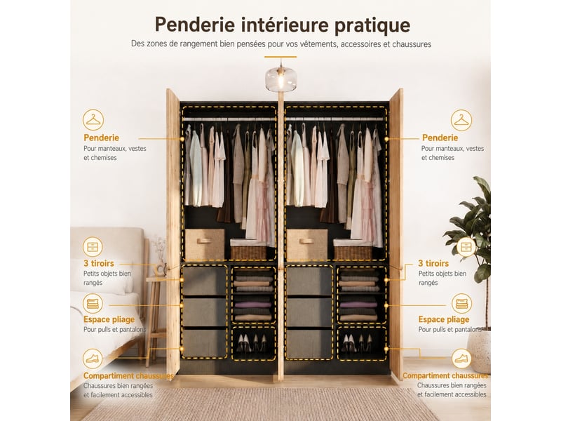  Armoire penderie 8 portes et 6 tiroirs, aspect chêne, 180 x 50 x 200 cm  - Conforama D
