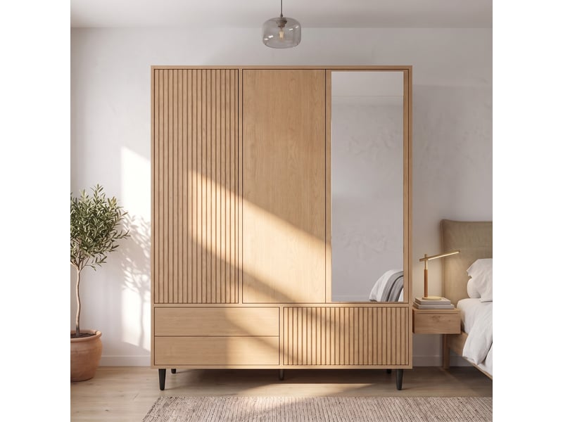 Armoire penderie 135x45x200 cm - grand dressing moderne 3 portes avec miroir et 3 tiroirs - aspect chêne - Conforama C